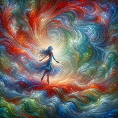 The primary subject of the image is a woman, who is the main focus of the scene. She is standing in the center of the image, surrounded by a vibrant and colorful environment. The setting includes a red and blue background, which adds to the overall atmosphere of the scene. The visual style of the image is digital art, as it appears to be a painting or drawing created using digital tools. The colors and mood of the image are lively and energetic, with the woman's presence and the vivid colors